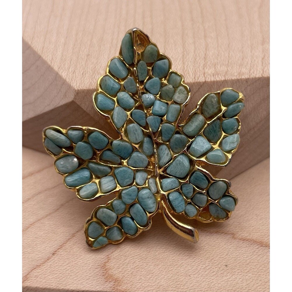 Vintage Maple Leaf Faux Turquoise Gold Tone Brooch Missing Two Stones
